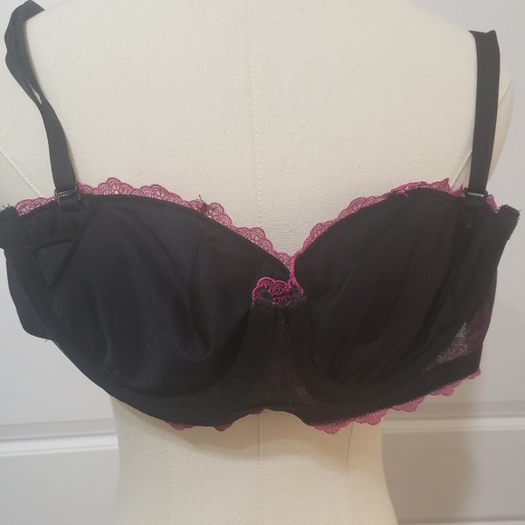 y2k 34c Fredrick's of Hollywood push up Padded Bra Embroidered Black Fuschia - Picture 7 of 8